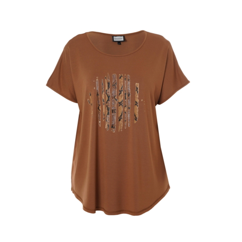 Gitte T-shirt  fra Gozzip i flot cognac-farvet med print